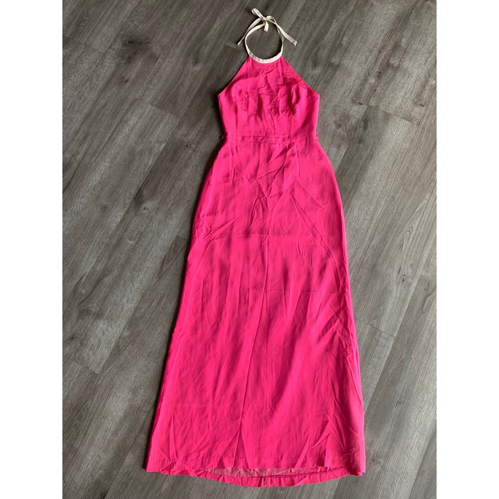 Vintage Tocca 100% Silk Halter Dress Size 4 Hot Pink Y2K USA Made Ribbon Tie